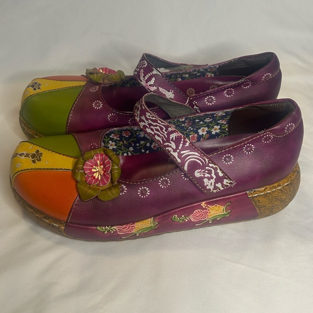 SOCOFY Leather Mary Jane Boho Platform Embossed Flower Ballet Shoes Women’s 10 - Picture 4 of 9